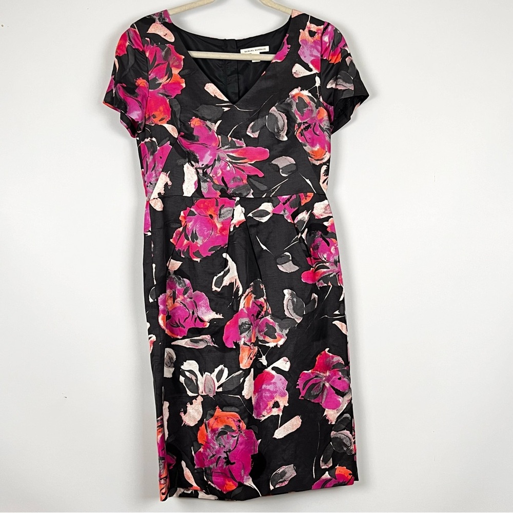 Banana Republic Size 4 Floral Black and Pink Dress Cap Sleeve Knee Length